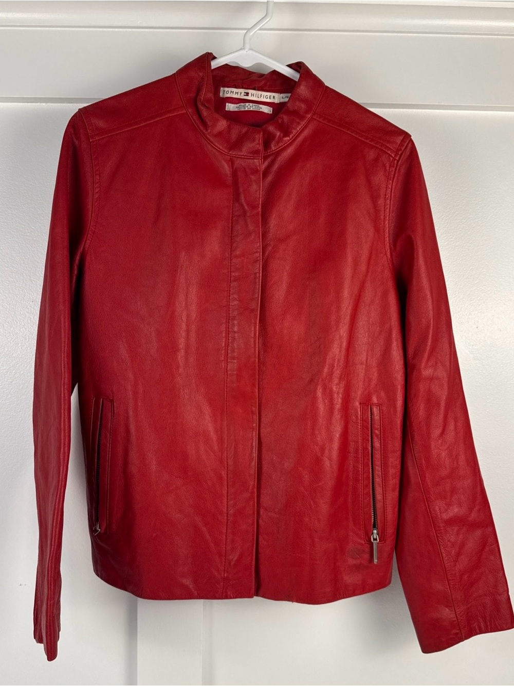 Tommy Hilfiger Women's Bright Red Leather Zip Jacket size Large